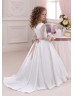 V Neck Long Sleeves Lace Satin Sweet Flower Girl Dress 